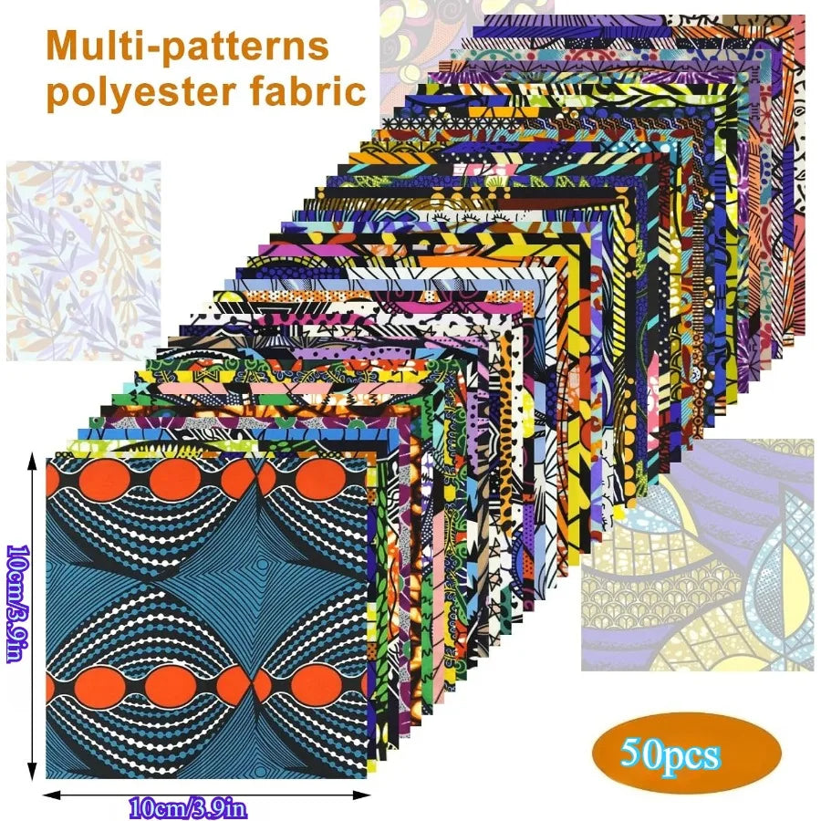 50 Pièces de Tissu Africain Imprimé Wax à Motifs Ethniques Pré-découpés pour la Couture, le Patchwork et les Projets Artisanaux, 3,9*3,9 Pouces