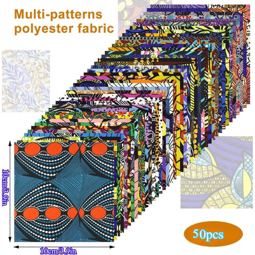 50 Pièces de Tissu Africain Imprimé Wax à Motifs Ethniques Pré-découpés pour la Couture, le Patchwork et les Projets Artisanaux, 3,9*3,9 Pouces
