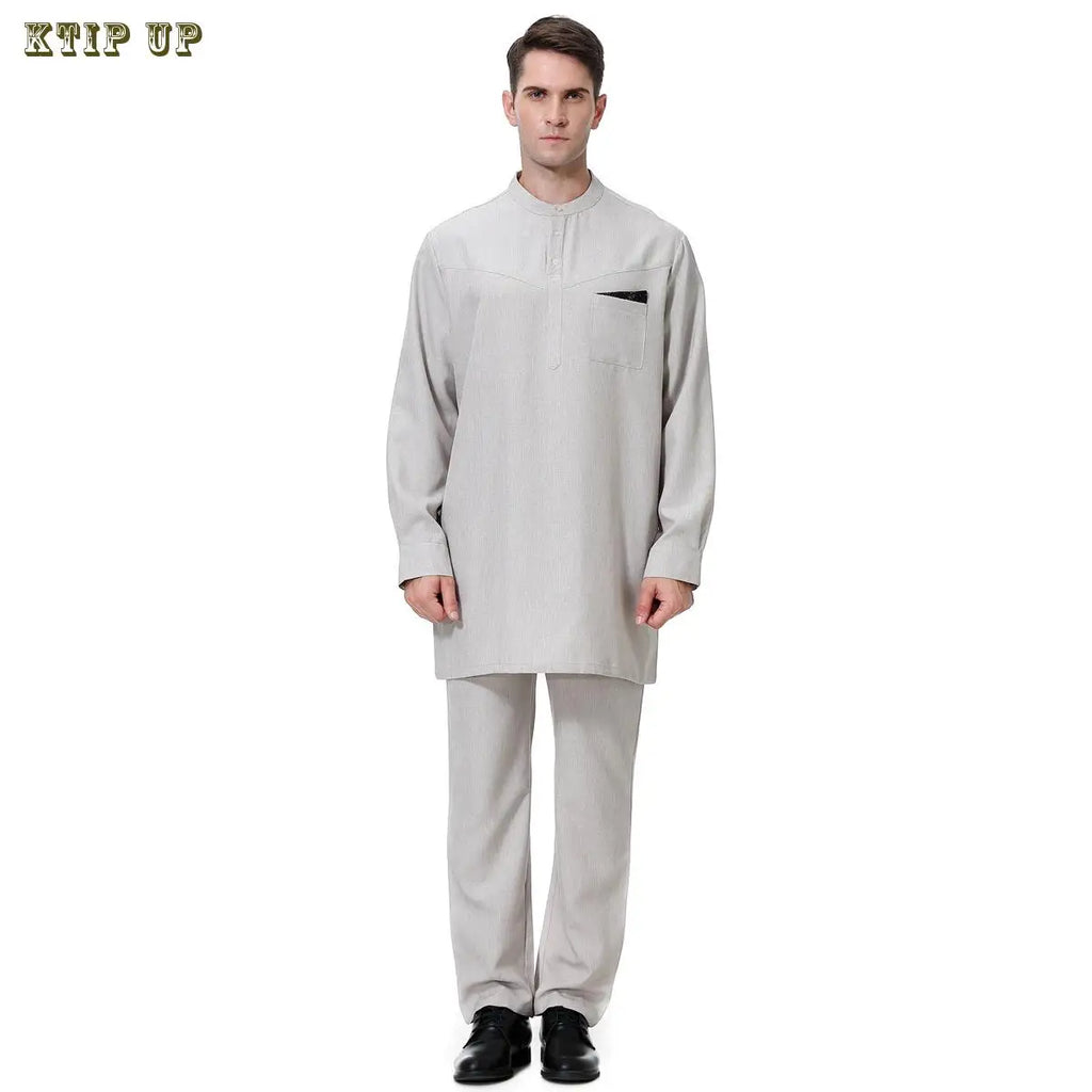 Abaya islamique arabe pour hommes Robe imprimé ethnique col montant chemise mi-longue pour jeunes manteau de luxe vêtements décontractés pour hommes musulmans à la mode