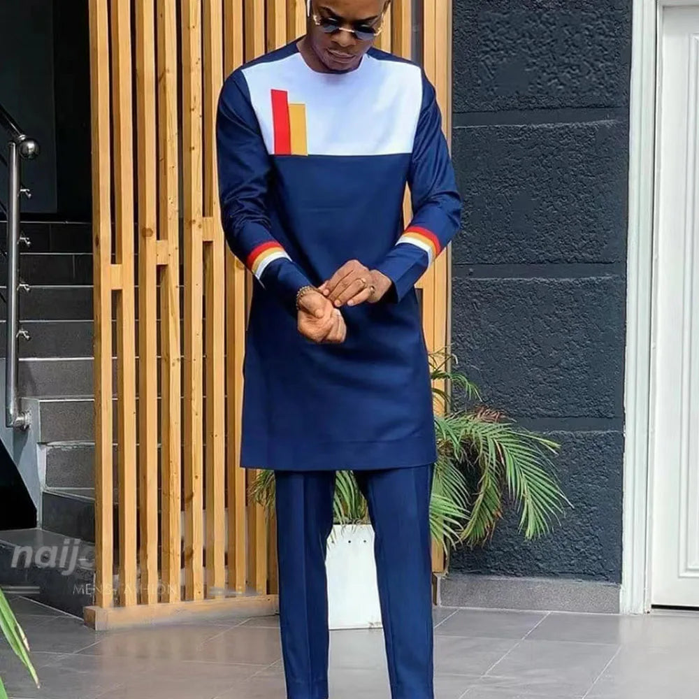 Vêtements pour hommes africains costume deux pièces pantalon ensemble col rond couture couleur unie manches longues Festival Style ethnique social