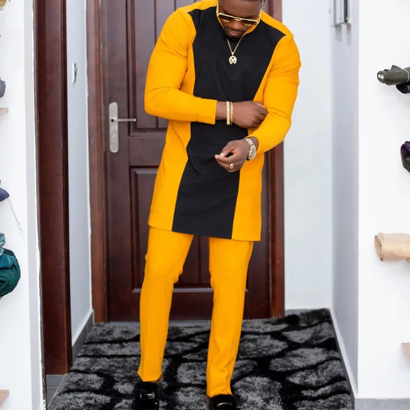 Costume de mariage traditionnel africain musulman pour homme, ensemble 2 pièces, haut à col rond à manches longues et pantalon, tenue formelle pour le marié118