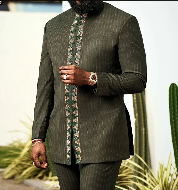 Ensemble Kaftan pour homme, costume Kaunda, haut à col rond à manches longues, pantalon, tenue traditionnelle africaine pour homme, ensemble de vêtements 2 pièces, ensembles de mariage, décontracté