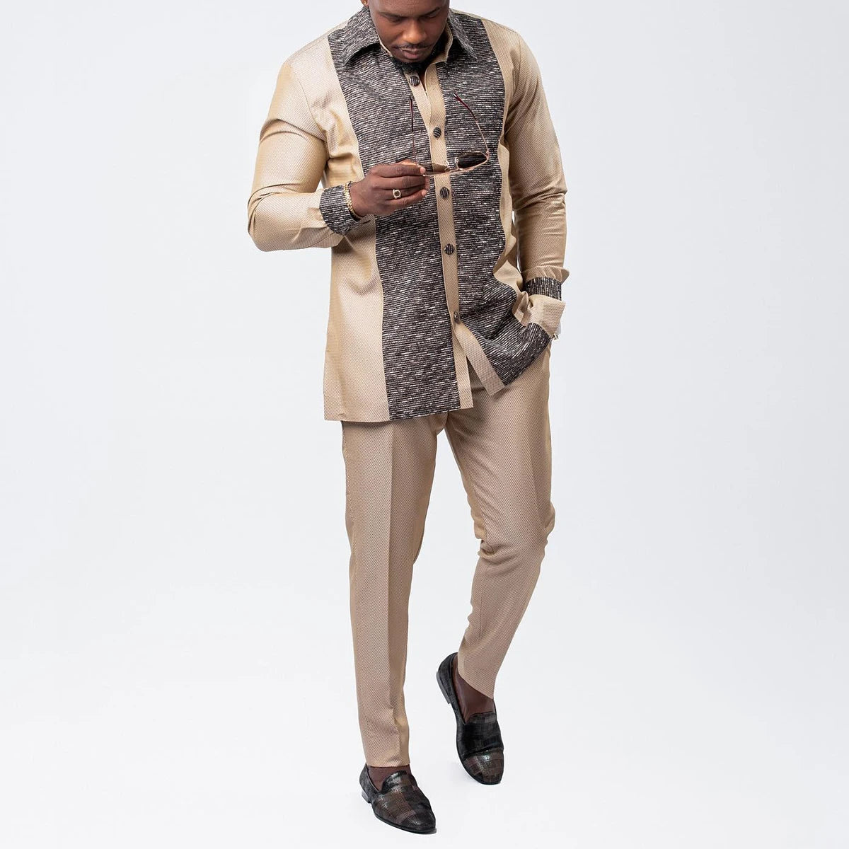 Costume traditionnel africain pour homme, chemise à manches longues de style ethnique imprimée et patchwork, pantalon décontracté, ensemble 2 pièces pour les vacances
