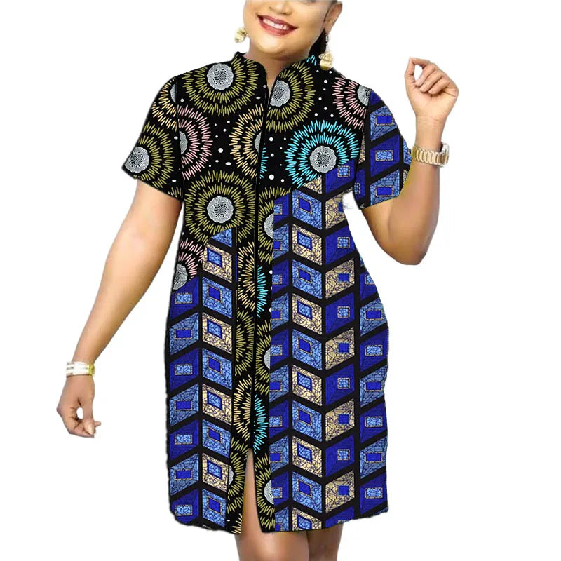 Original Design African Print Women’s Dress Stand Collar Frock Tailored Traditional Party Wear Retro Patchwork Designs