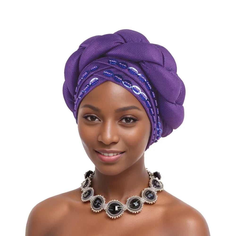 Auto Gele-Turban Africain pour Femme Musulmane, Cravate de Sauna, Chapeau Rond Plissé, Hijab Aso Oke NigWin, Foulard de Tête