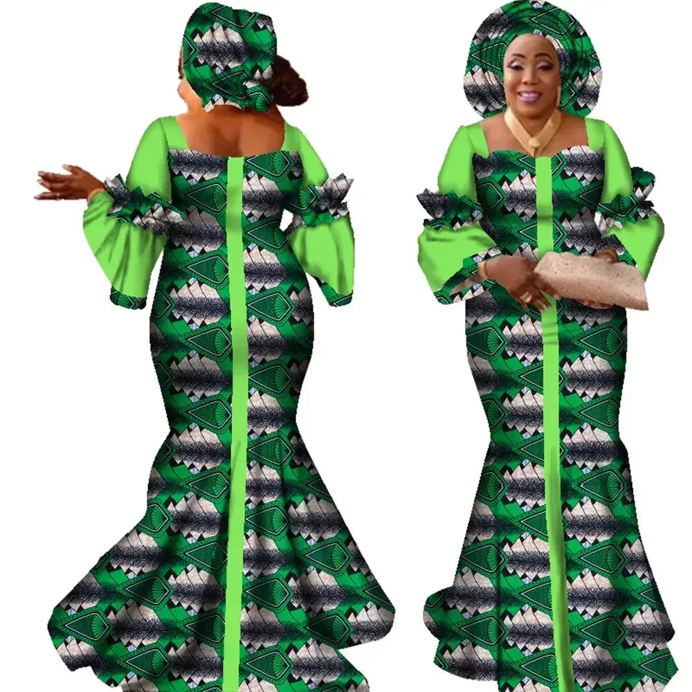 African Dresses for Women Fashion Design New African Bazin Fashion Design Dress Long Dress with Scarf African Clothes WY2347