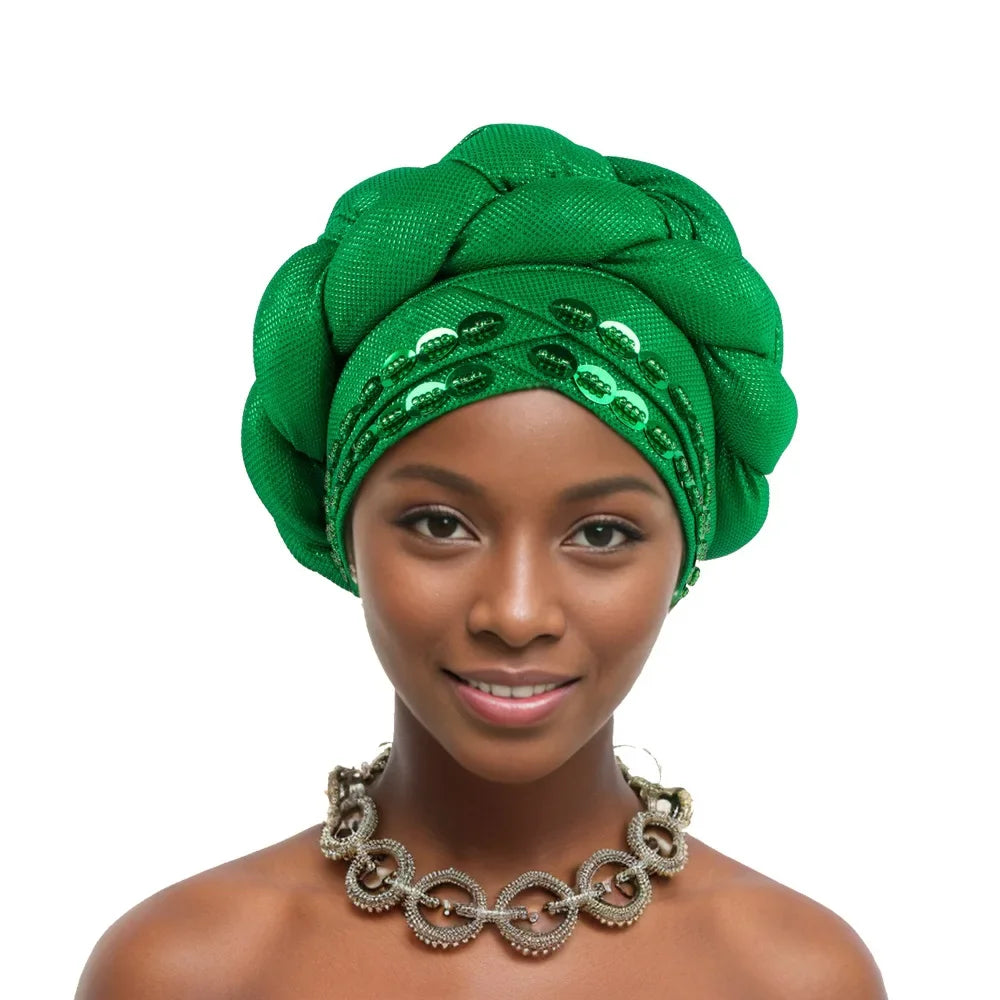 Auto Gele-Turban Africain pour Femme Musulmane, Cravate de Sauna, Chapeau Rond Plissé, Hijab Aso Oke NigWin, Foulard de Tête