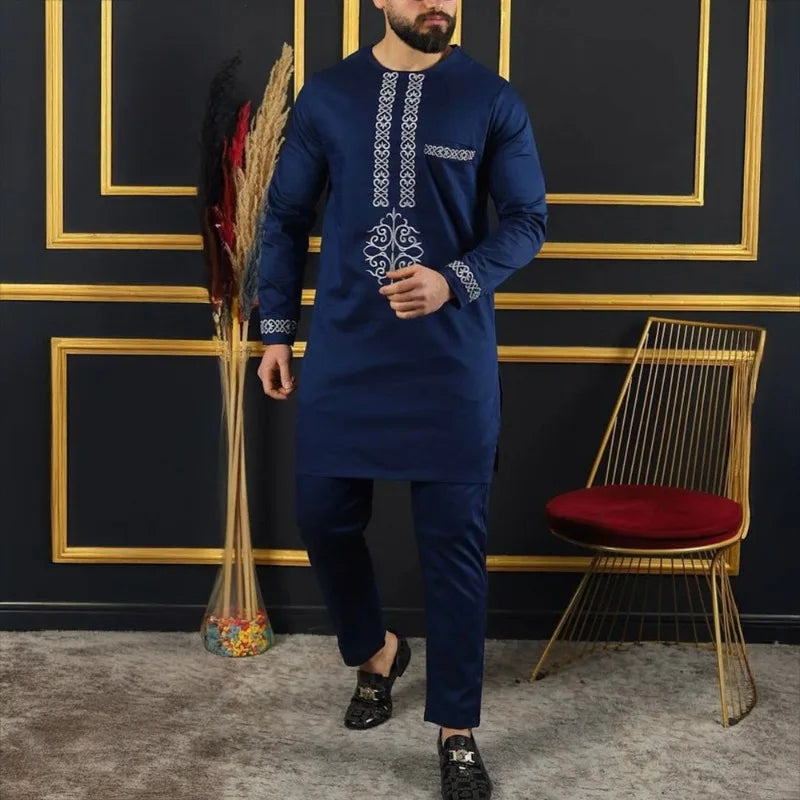 Costume de mariage traditionnel africain musulman pour homme, ensemble 2 pièces, haut à col rond à manches longues et pantalon, tenue formelle pour le marié118
