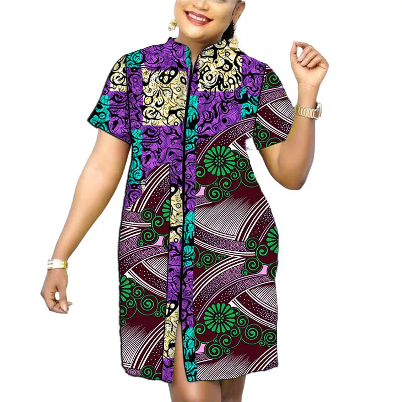 Original Design African Print Women’s Dress Stand Collar Frock Tailored Traditional Party Wear Retro Patchwork Designs