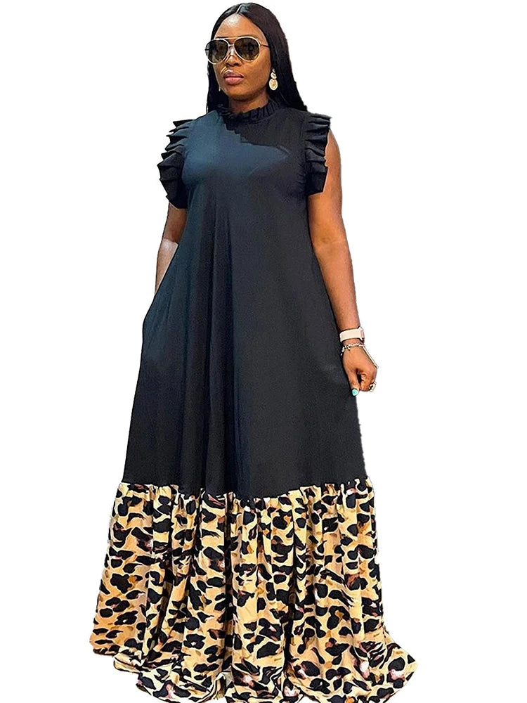 Long African Maxi Dress Women Leopard Print Patchwork Robes Africa Clothing Summer New Fashion Streetwear African Dress Vestidos