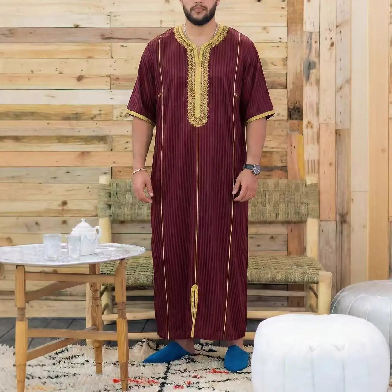 Gandoura marocaine pour hommes musulmans, thobe ample à manches courtes, broderie magnifique, vêtements traditionnels islamiques confortables pour hommes, pour les fêtes