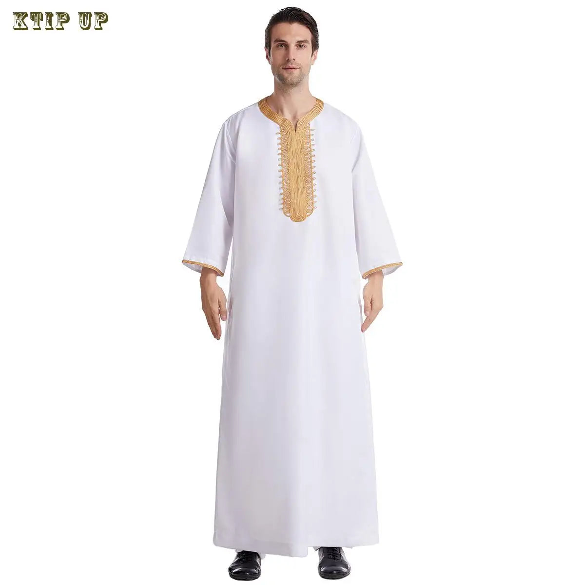 Abaya islamique arabe pour hommes Robe imprimé ethnique col montant chemise mi-longue pour jeunes manteau de luxe vêtements décontractés pour hommes musulmans à la mode