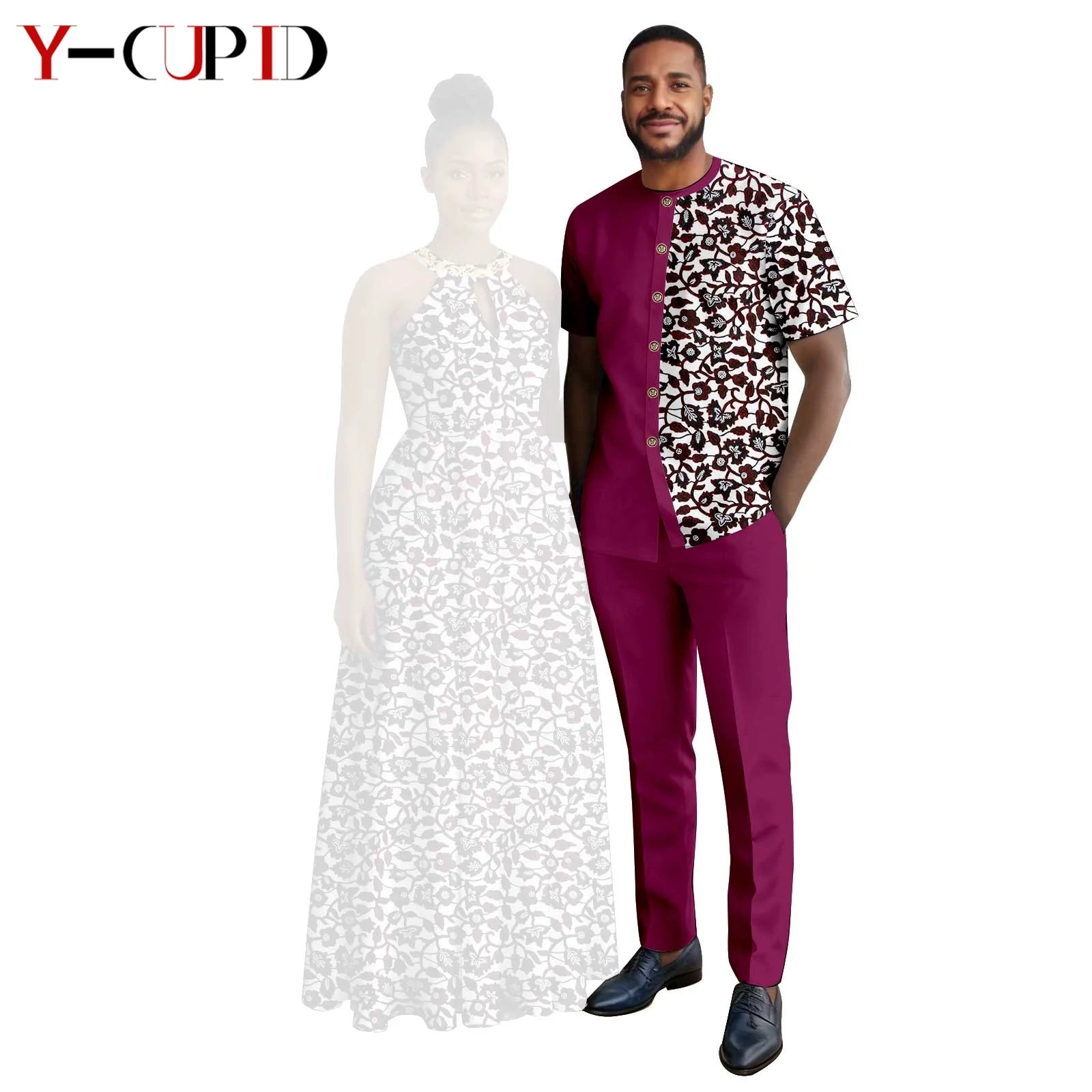 Robes africaines à imprimé Halter pour femmes, tenues assorties pour hommes, ensembles chemise et pantalon, vêtements de couple africains pour fête 26C005