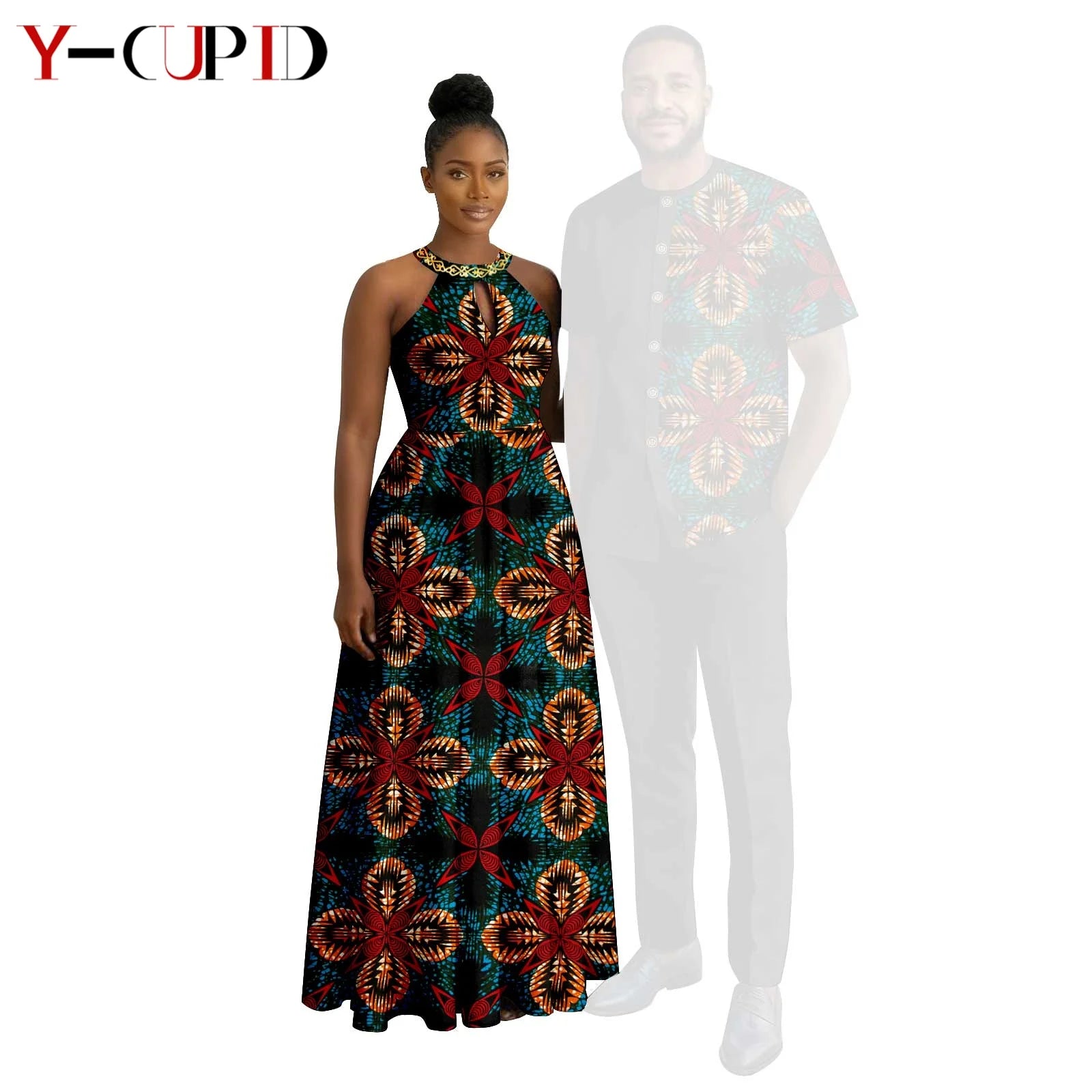 Robes africaines à imprimé Halter pour femmes, tenues assorties pour hommes, ensembles chemise et pantalon, vêtements de couple africains pour fête 26C005