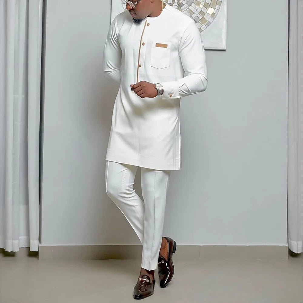 2025 hommes africains Dashiki à manches longues 2 pièces ensemble tenue traditionnelle afrique vêtements blanc hommes costume homme chemise pantalon costumes