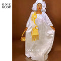 African Traditional Wedding Bazin Riche Boubou And Scarf With Tassels White And Gold Embroidery Basin Dashiki Nigerian Dresses