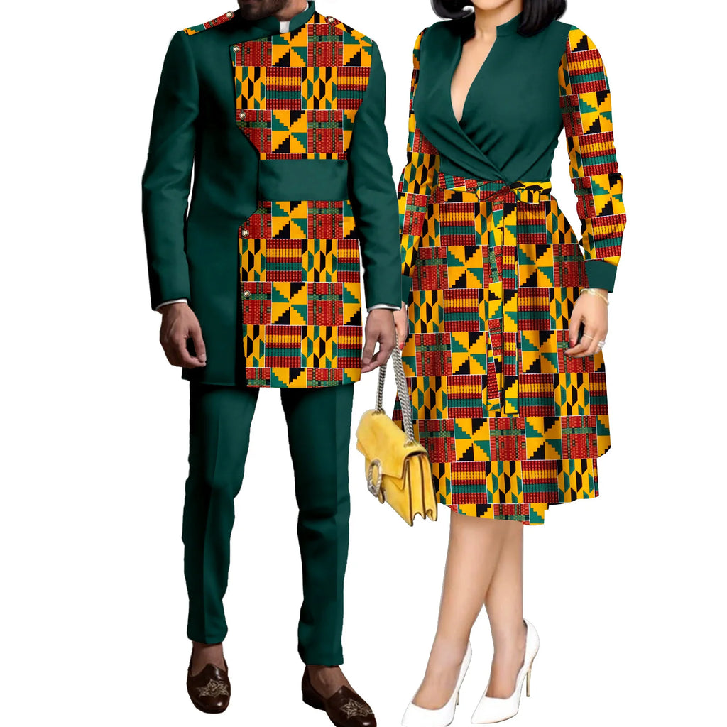 SEA&ALP Tenues de couple africaines imprimées Kente pour mariage, ensemble Dashiki africain pour homme à manches longues et pantalon, robes assorties pour femme