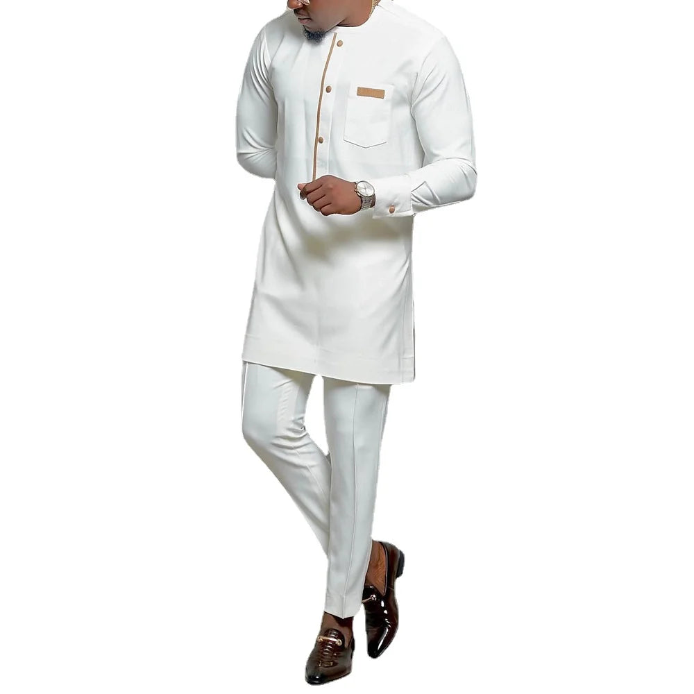 Vêtements pour hommes africains costume deux pièces pantalon ensemble col rond couture couleur unie manches longues Festival Style ethnique social