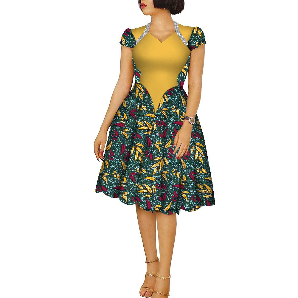 African Dresses for Women Ankara Fashion Patchwork Knee Length Pleated Lady Dresses Vintage Maxi Women V-neck Dress WY9273