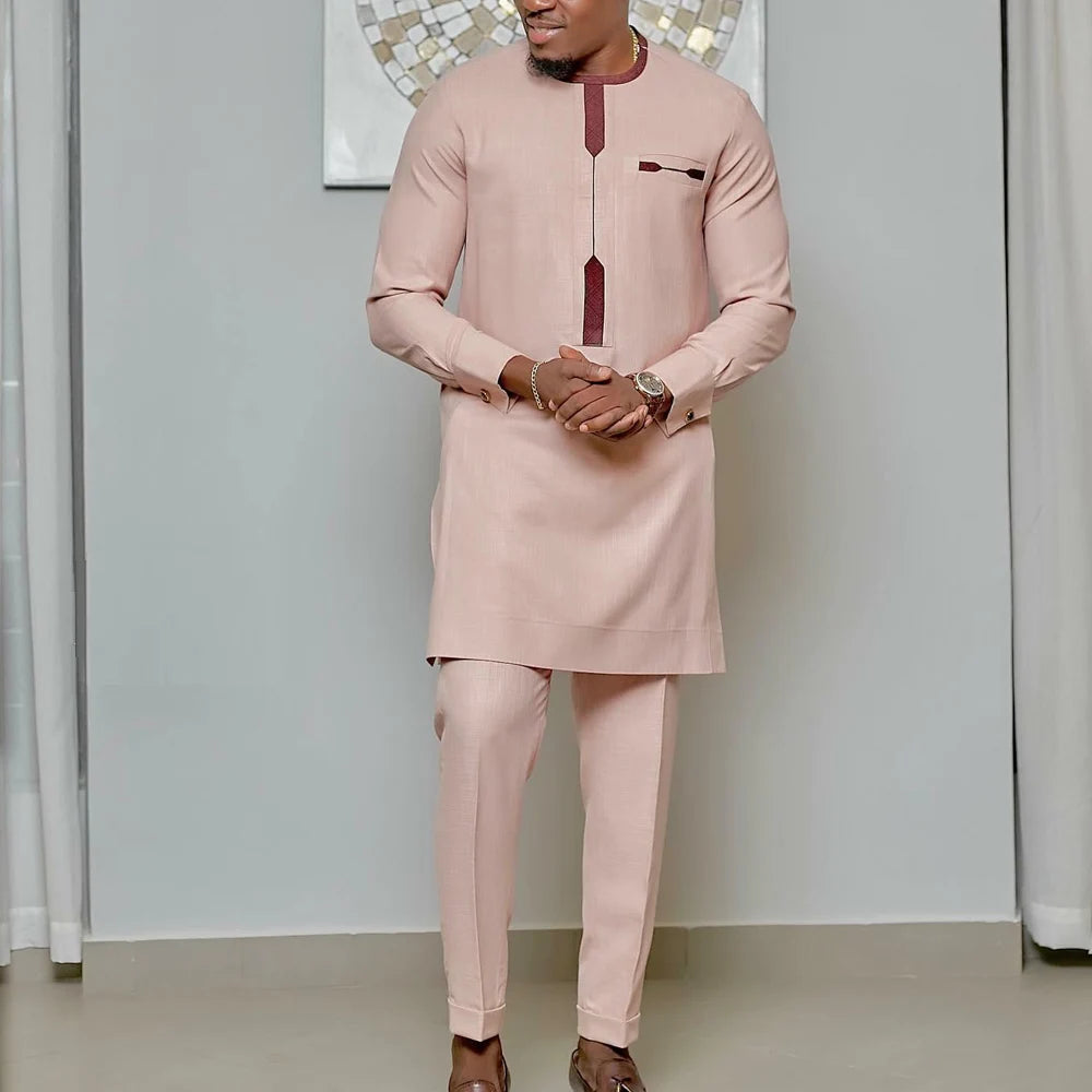 Ensemble Kaftan pour homme, costume Kaunda, haut à col rond à manches longues, pantalon, tenue traditionnelle africaine pour homme, ensemble de vêtements 2 pièces, ensembles de mariage, décontracté