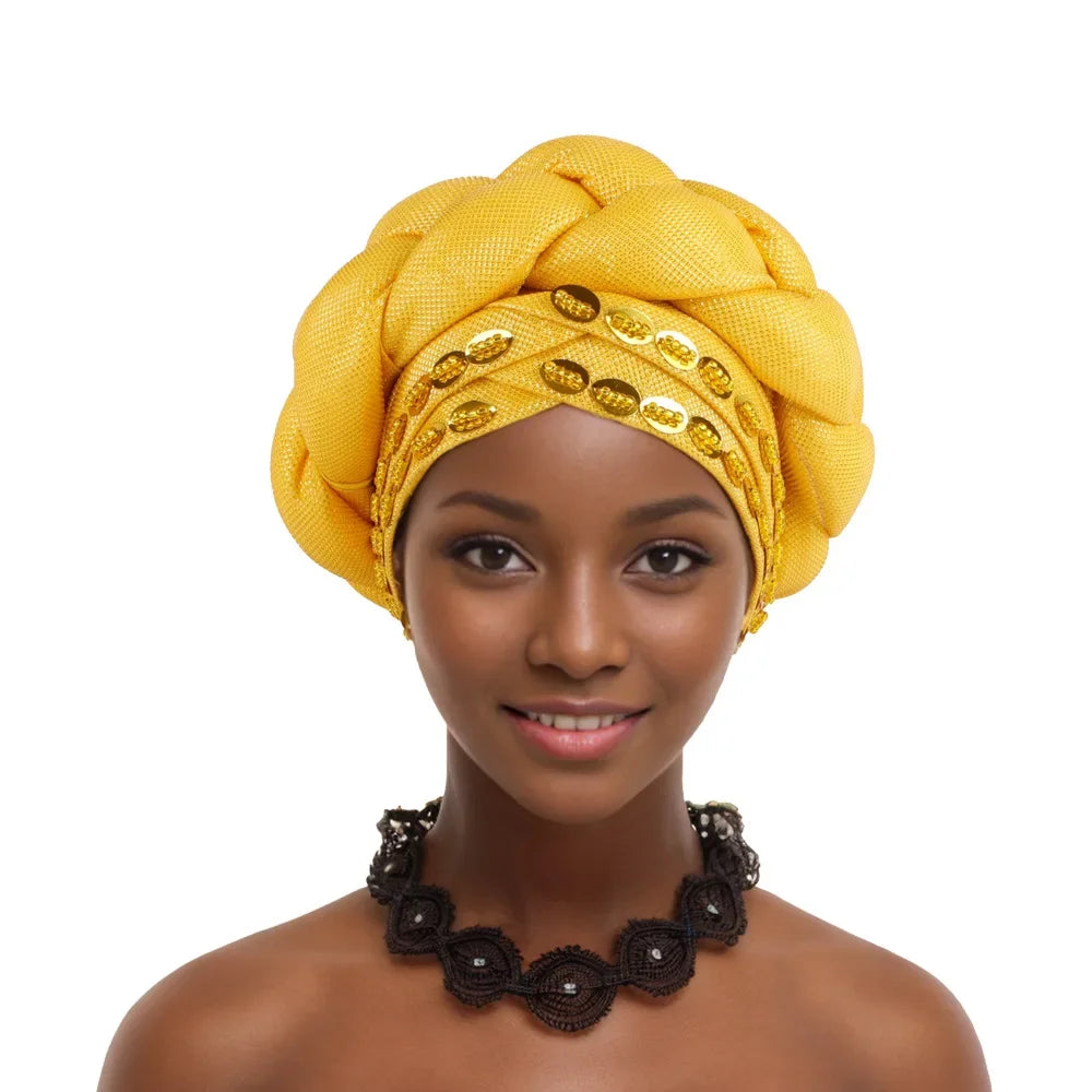 Auto Gele-Turban Africain pour Femme Musulmane, Cravate de Sauna, Chapeau Rond Plissé, Hijab Aso Oke NigWin, Foulard de Tête