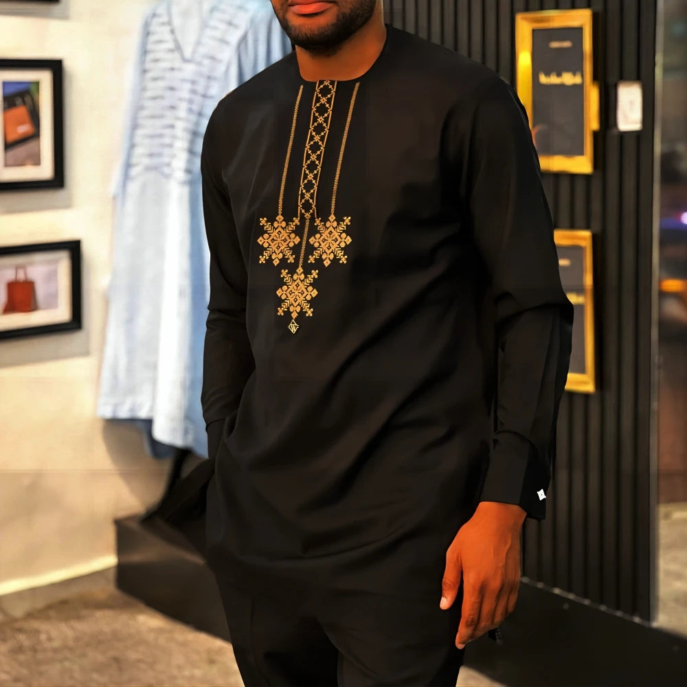 Vêtements pour hommes africains costume deux pièces pantalon ensemble col rond couture couleur unie manches longues Festival Style ethnique social
