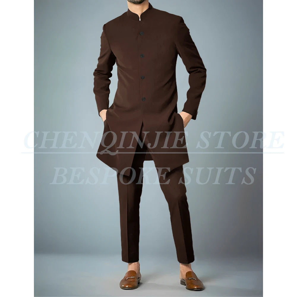 Costumes africains à simple boutonnage pour hommes, vêtements masculins de haute qualité, veste et pantalon, coupe couvertes, revers debout, bleu marine, tenues 2 pièces