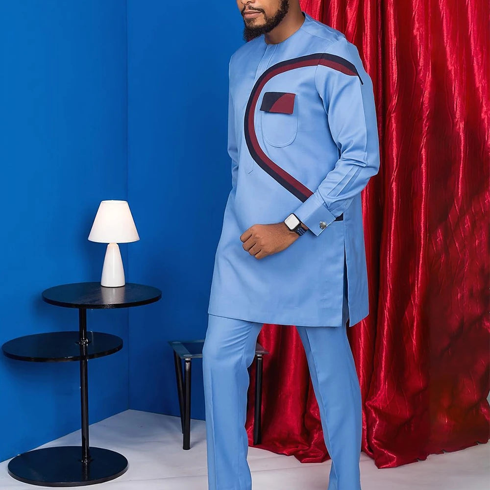 Vêtements pour hommes africains costume deux pièces pantalon ensemble col rond couture couleur unie manches longues Festival Style ethnique social