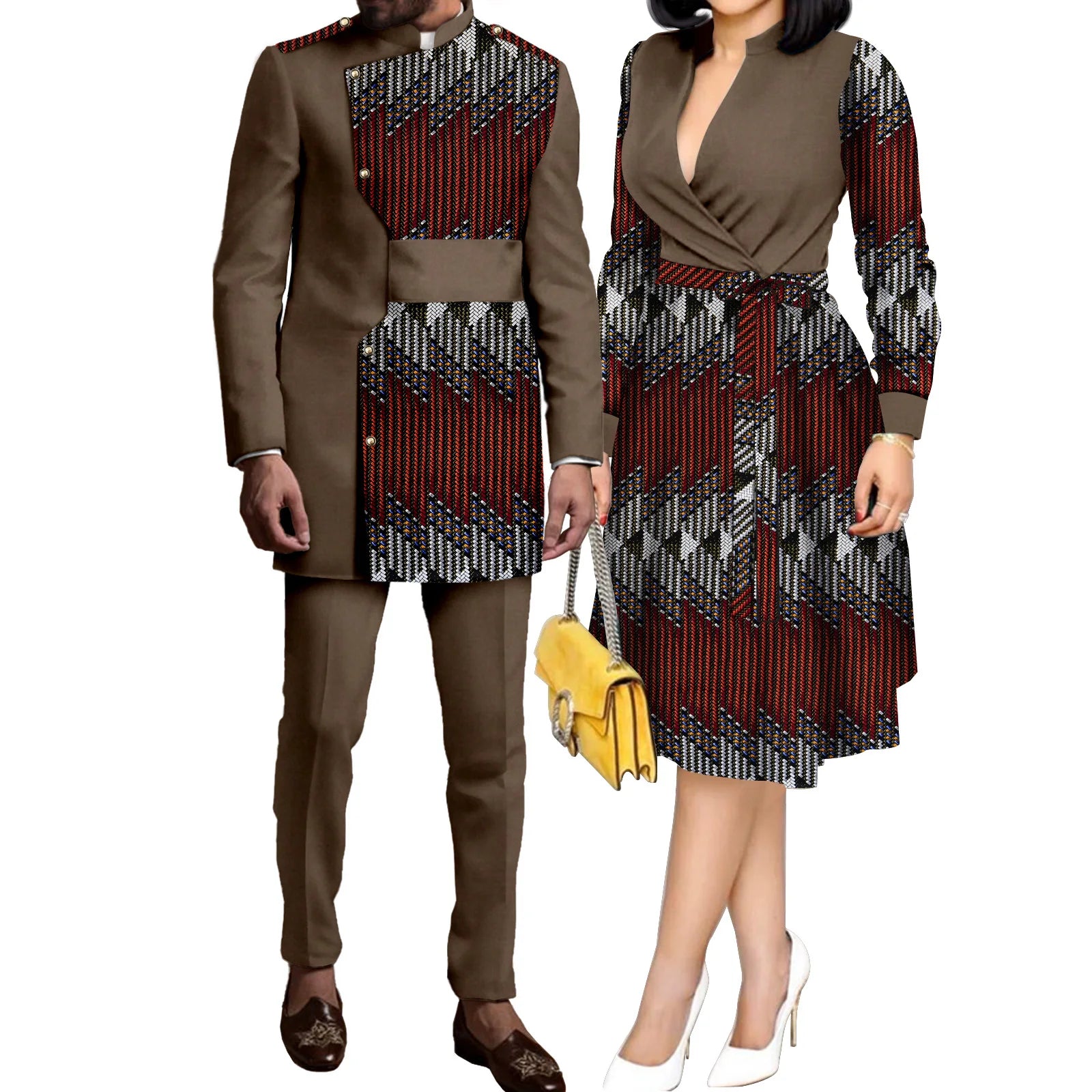 SEA&ALP Tenues de couple africaines imprimées Kente pour mariage, ensemble Dashiki africain pour homme à manches longues et pantalon, robes assorties pour femme