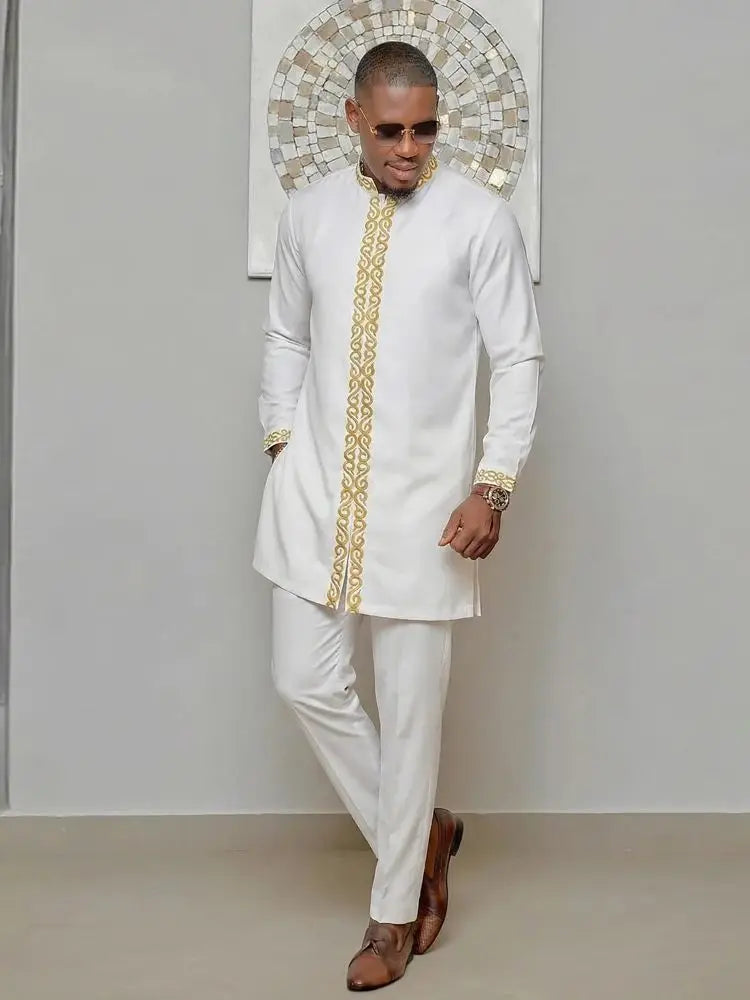 Ensemble Kaftan pour homme, costume Kaunda, haut à col rond à manches longues, pantalon, tenue traditionnelle africaine pour homme, ensemble de vêtements 2 pièces, ensembles de mariage, décontracté