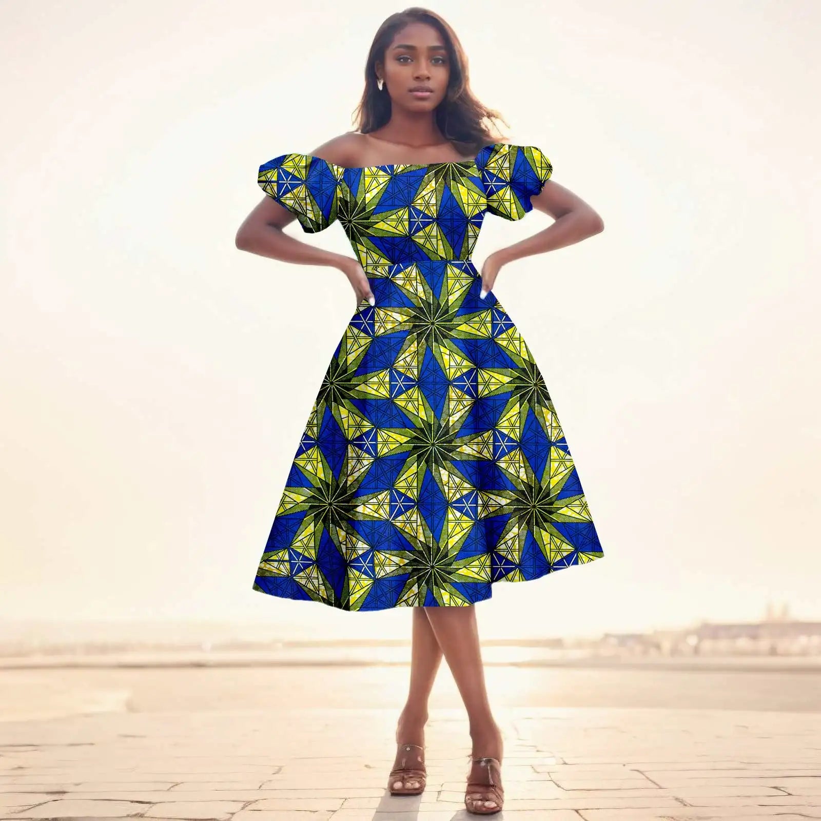 African Dresses for Women Short Sleeve High Waist Print Midi Dress Ankara Attire Traditional Outfit Elegant Fashion Wear 2425102