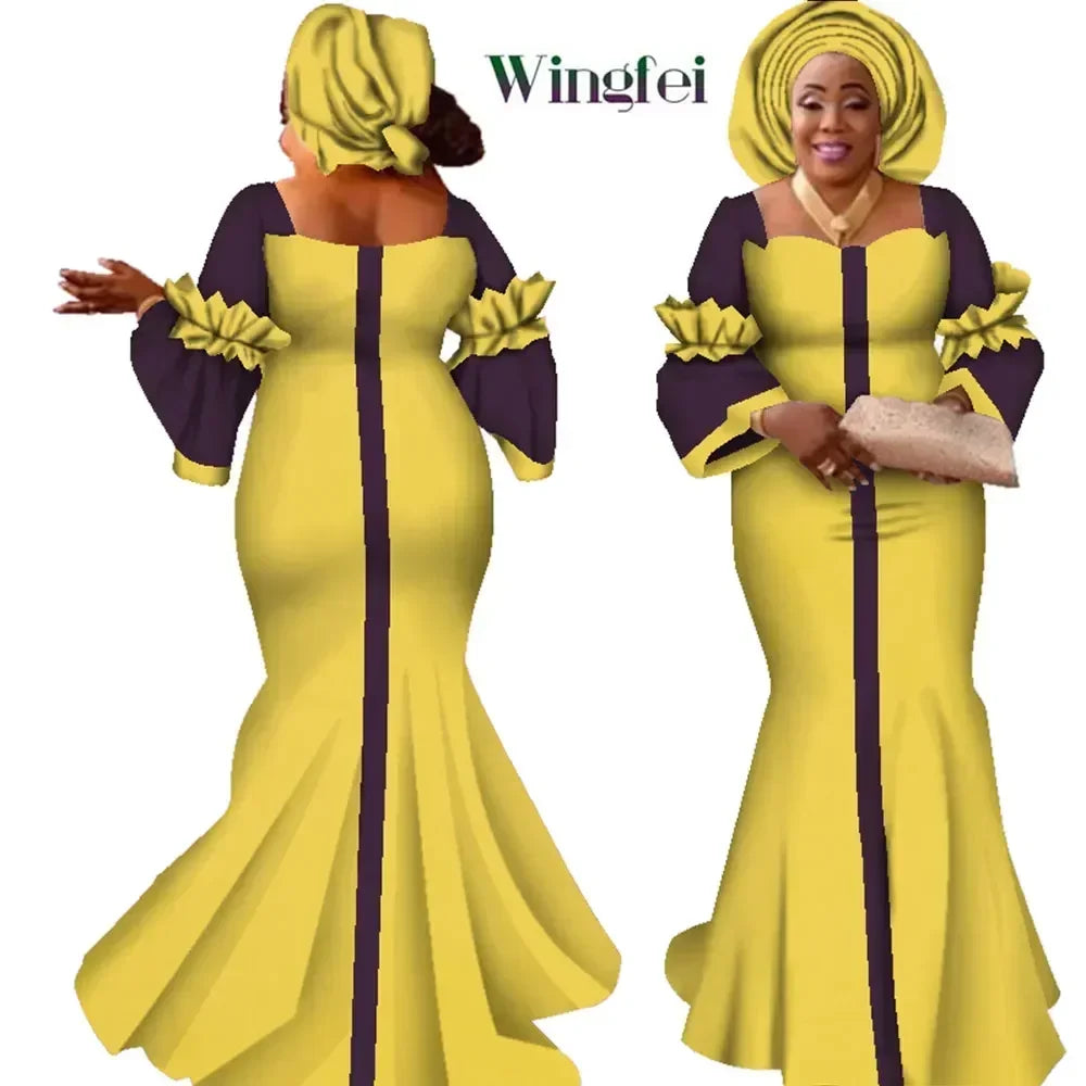 African Dresses for Women Fashion Design New African Bazin Fashion Design Dress Long Dress with Scarf African Clothes WY2347