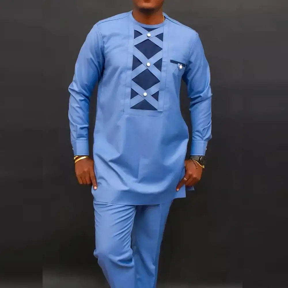 Costume traditionnel africain pour homme, chemise à manches longues de style ethnique imprimée et patchwork, pantalon décontracté, ensemble 2 pièces pour les vacances