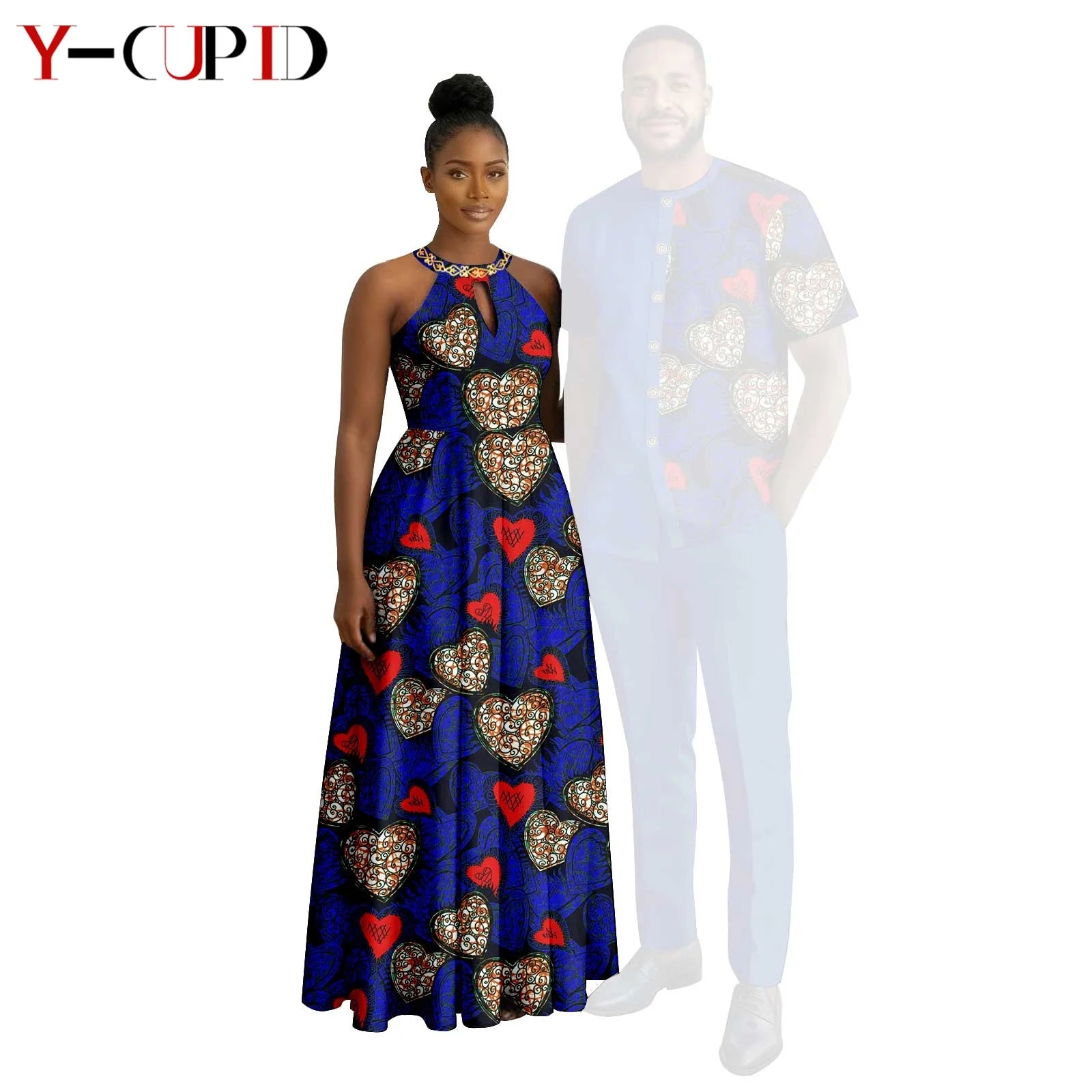 Robes africaines à imprimé Halter pour femmes, tenues assorties pour hommes, ensembles chemise et pantalon, vêtements de couple africains pour fête 26C005