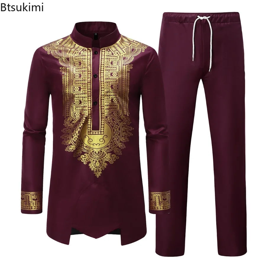 Vêtements traditionnels pour hommes, ensembles africains deux pièces, chemises à manches longues à col montant imprimées, pantalons, streetwear 2026, tenue ethnique africaine