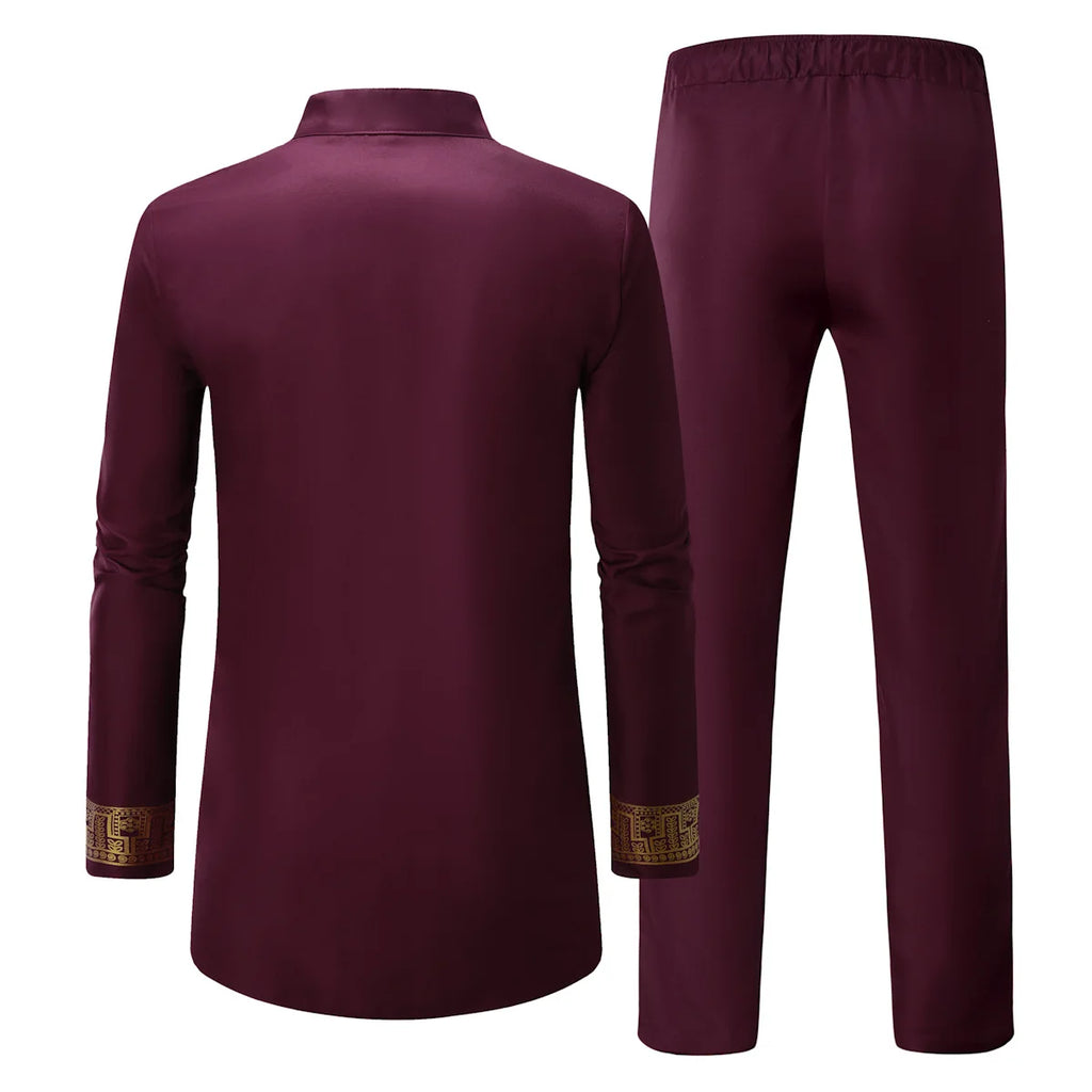 Ensemble chemise et pantalon pour hommes africains, 2 pièces, imprimé en métal, manches longues, Kaftan Dashiki, uniforme traditionnel africain, Costume décontracté à la mode