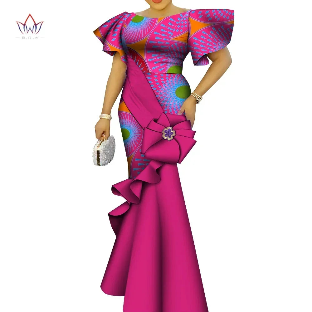 African Women's Dress Elegant Ladies Evening Gowns Ankara Long Robes Flower Dresses Vestidos Church Dresses for Women WY9498