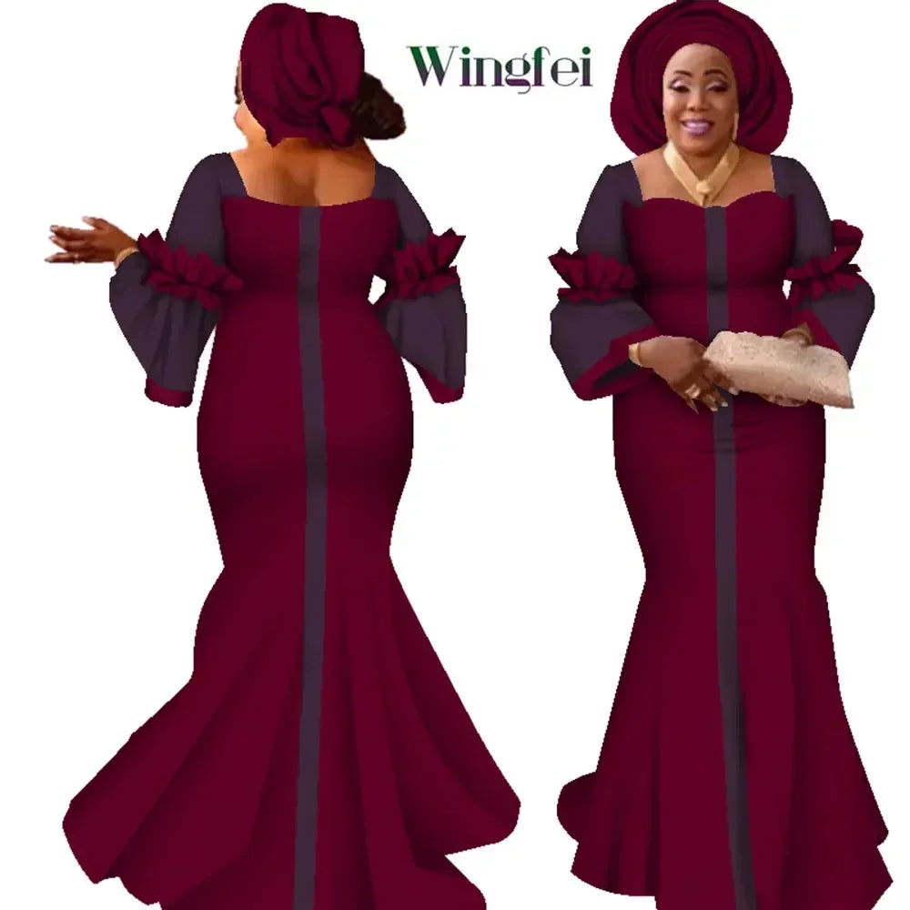 African Dresses for Women Fashion Design New African Bazin Fashion Design Dress Long Dress with Scarf African Clothes WY2347