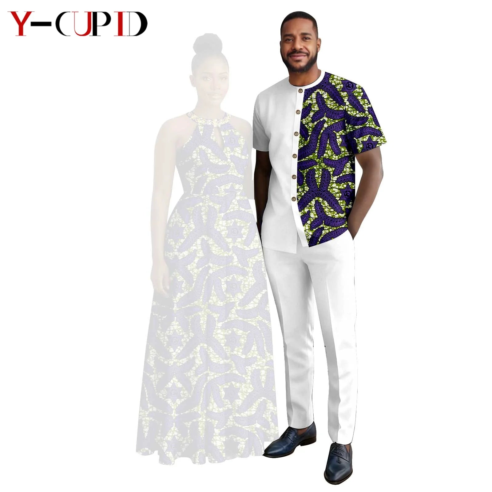 Robes africaines à imprimé Halter pour femmes, tenues assorties pour hommes, ensembles chemise et pantalon, vêtements de couple africains pour fête 26C005