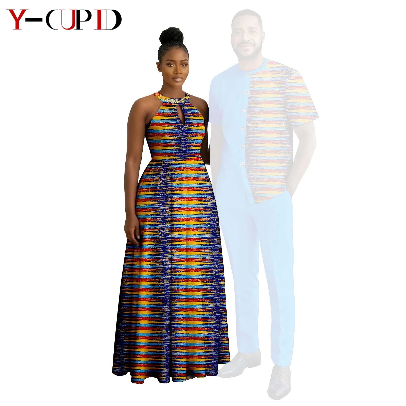 Robes africaines à imprimé Halter pour femmes, tenues assorties pour hommes, ensembles chemise et pantalon, vêtements de couple africains pour fête 26C005