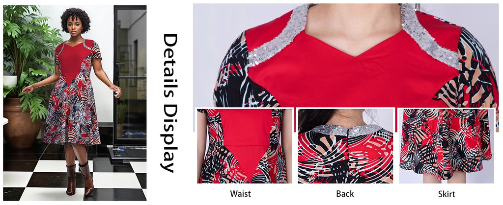 African Dresses for Women Ankara Fashion Patchwork Knee Length Pleated Lady Dresses Vintage Maxi Women V-neck Dress WY9273