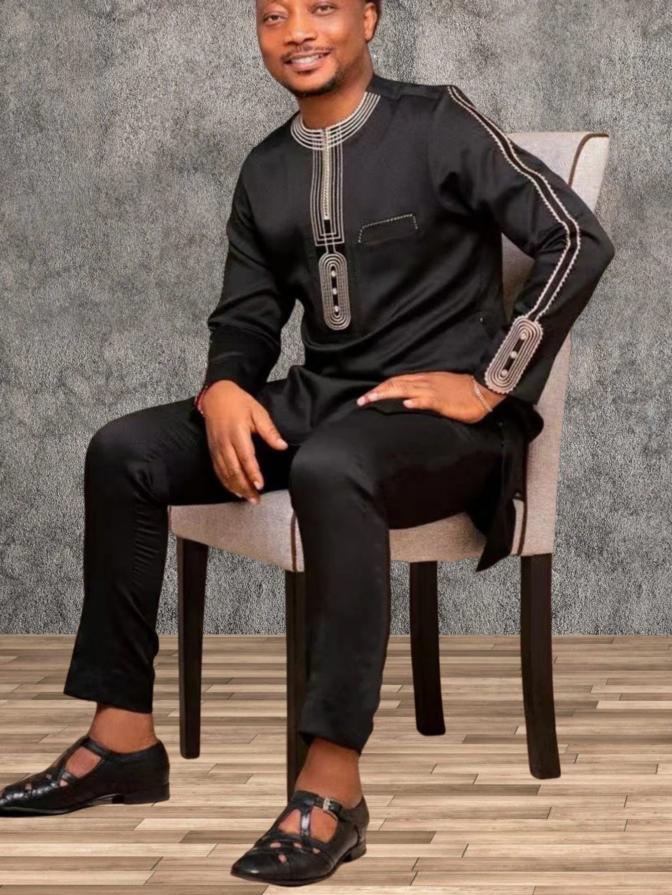 Vêtements pour hommes africains costume deux pièces pantalon ensemble col rond couture couleur unie manches longues Festival Style ethnique social