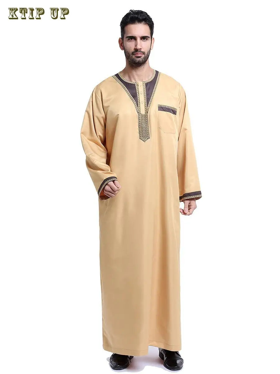 Abaya islamique arabe pour hommes Robe imprimé ethnique col montant chemise mi-longue pour jeunes manteau de luxe vêtements décontractés pour hommes musulmans à la mode