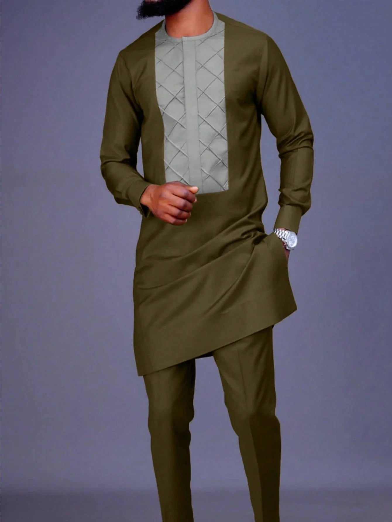 Vêtements pour hommes africains costume deux pièces pantalon ensemble col rond couture couleur unie manches longues Festival Style ethnique social