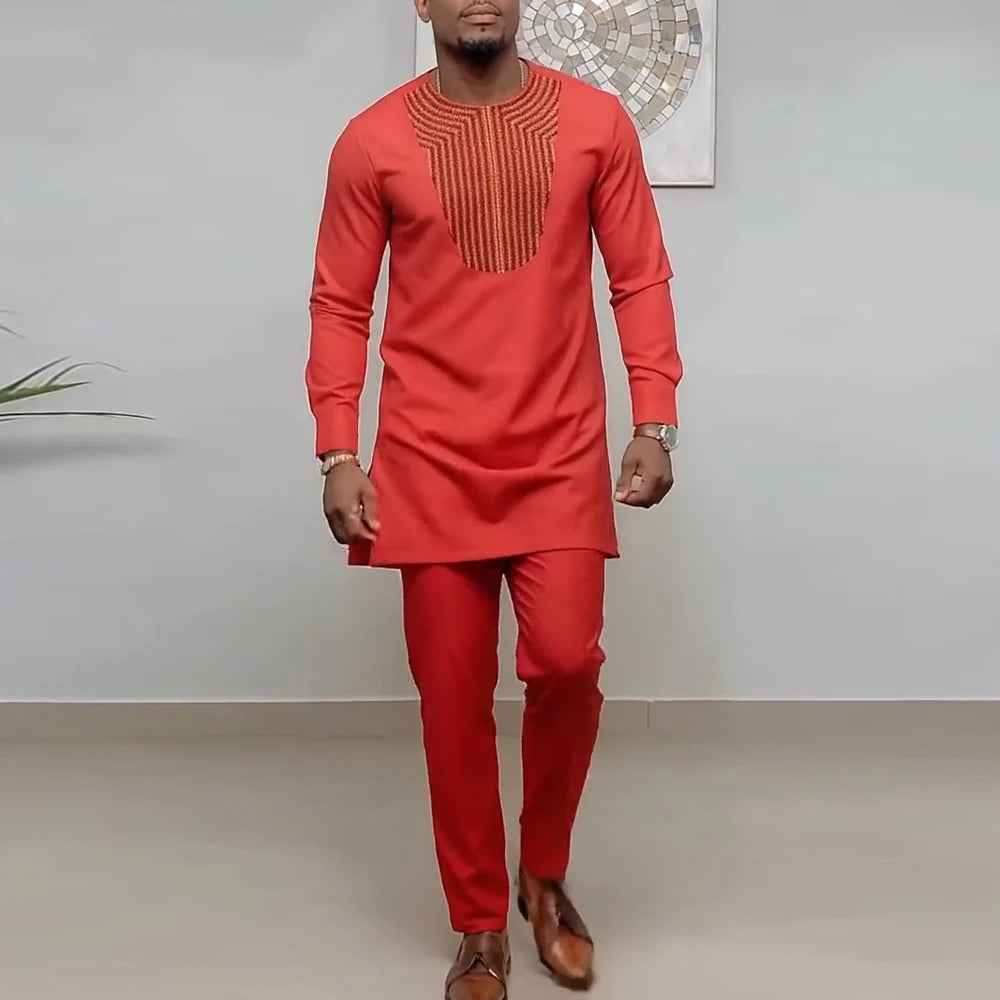 Ensemble Kaftan pour homme, costume Kaunda, haut à col rond à manches longues, pantalon, tenue traditionnelle africaine pour homme, ensemble de vêtements 2 pièces, ensembles de mariage, décontracté