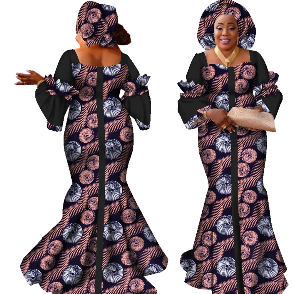 African Dresses for Women Fashion Design New African Bazin Fashion Design Dress Long Dress with Scarf African Clothes WY2347