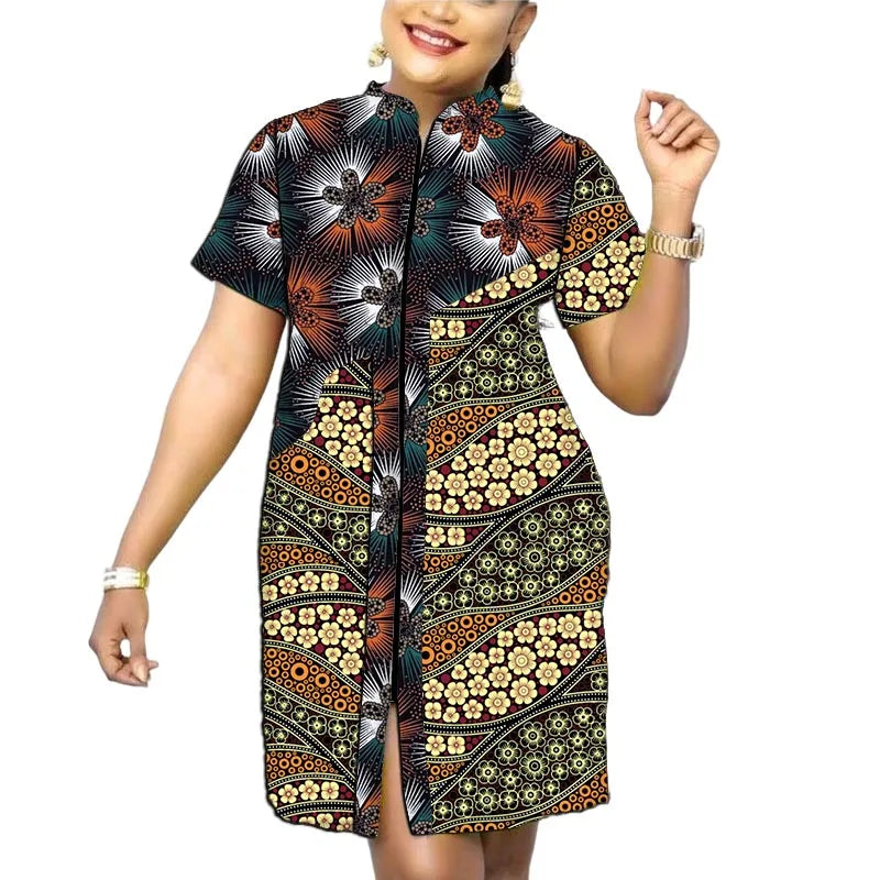 Original Design African Print Women’s Dress Stand Collar Frock Tailored Traditional Party Wear Retro Patchwork Designs