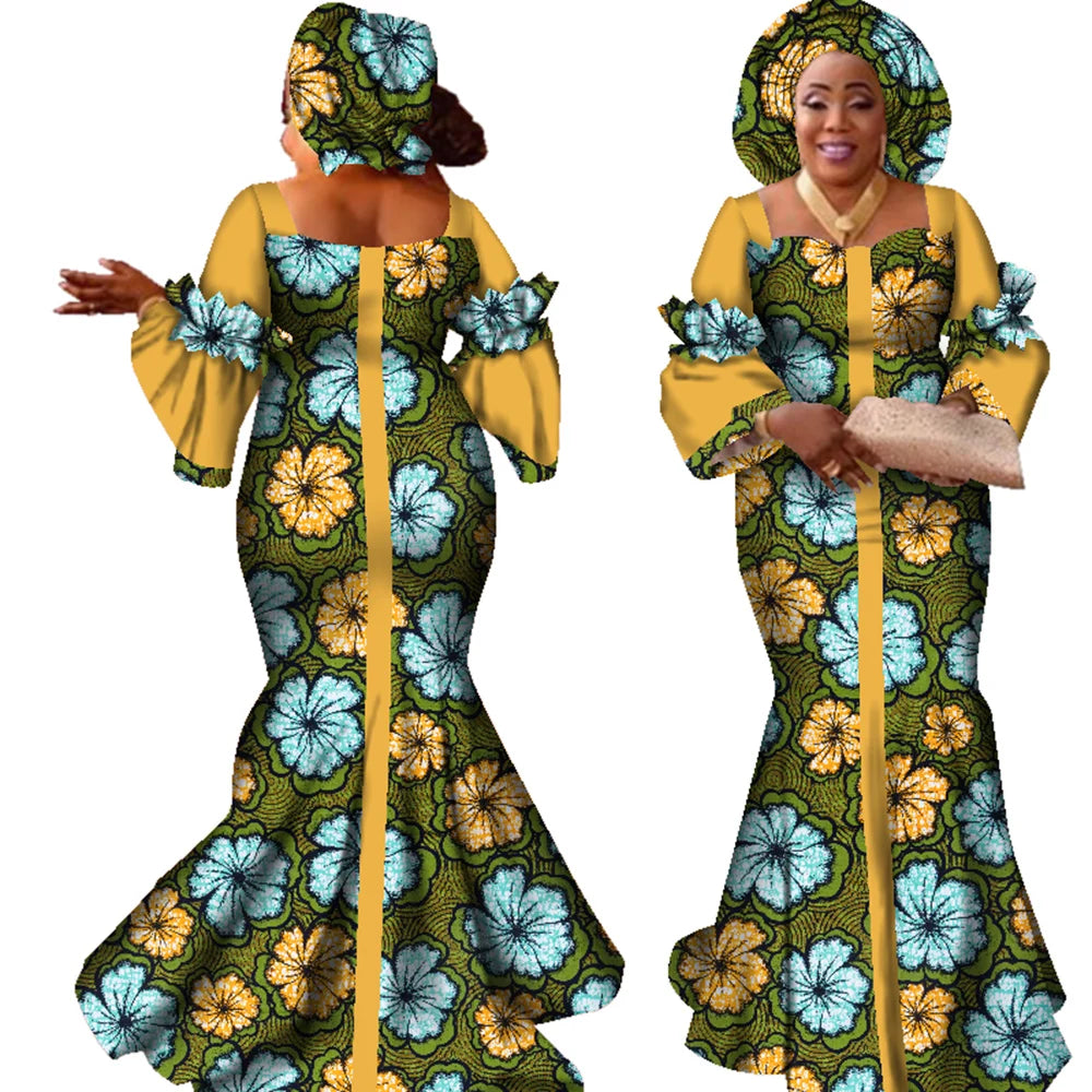 African Dresses for Women Fashion Design New African Bazin Fashion Design Dress Long Dress with Scarf African Clothes WY2347