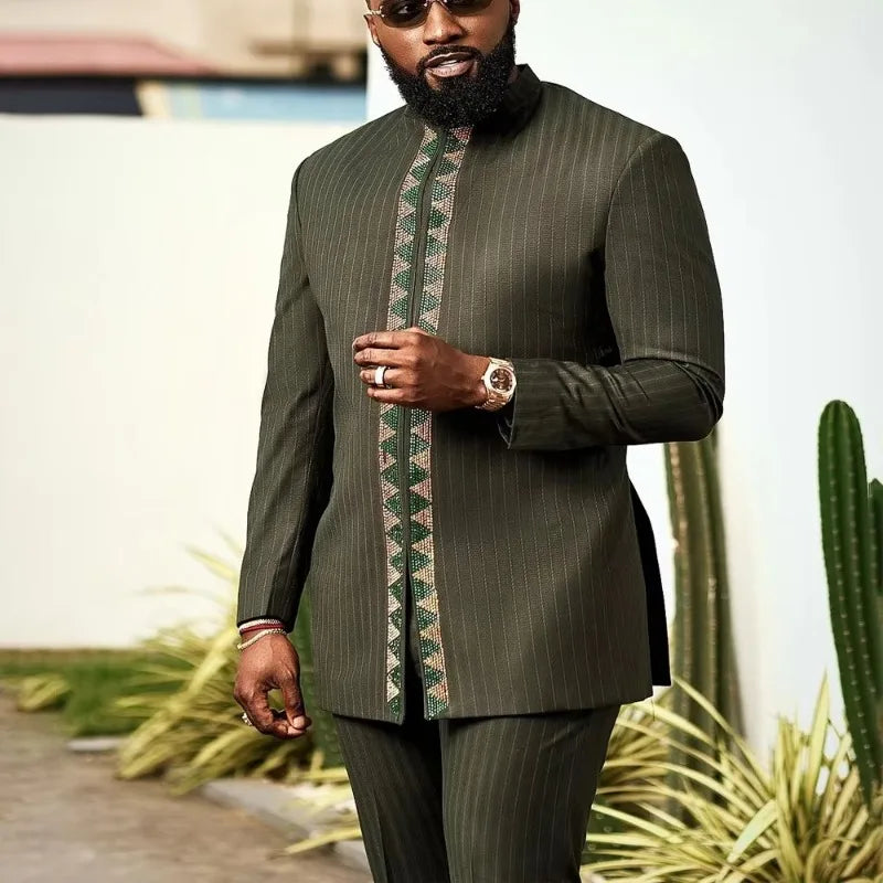 Costume de mariage traditionnel africain musulman pour homme, ensemble 2 pièces, haut à col rond à manches longues et pantalon, tenue formelle pour le marié118