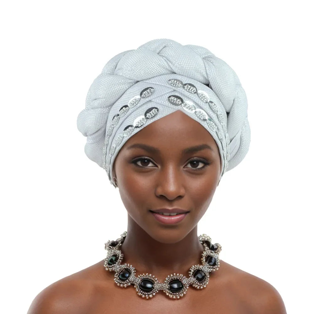Auto Gele-Turban Africain pour Femme Musulmane, Cravate de Sauna, Chapeau Rond Plissé, Hijab Aso Oke NigWin, Foulard de Tête